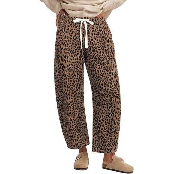 Denim - Women Baggy Cheetah Print Barrel Jeans Wide Leg Drawstring Casual
